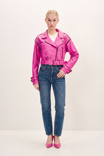 Lambskin Leather Cropped Moto Jacket - Pink - front view
