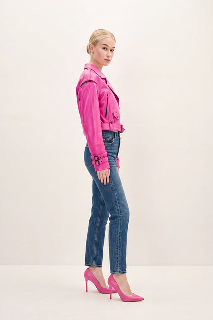 Lambskin Leather Cropped Moto Jacket - Pink - side view