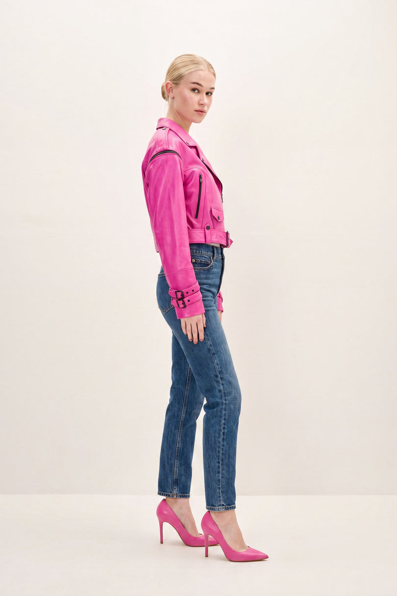 Lambskin Leather Cropped Moto Jacket - Pink - side view