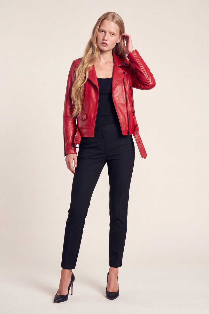Lambskin Leather Biker Jacket - Red - front view