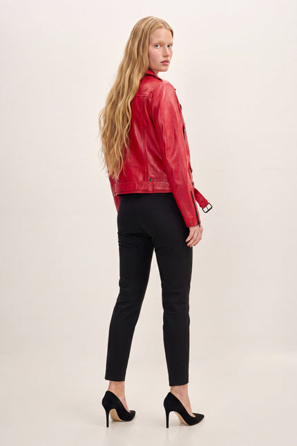 Lambskin Leather Biker Jacket - Red - back view