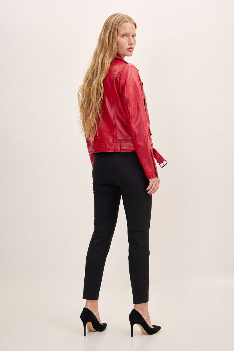 Lambskin Leather Biker Jacket - Red - back view