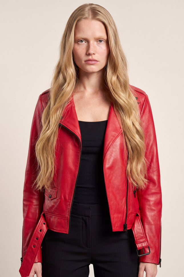 Lambskin Leather Biker Jacket - Red - macro view
