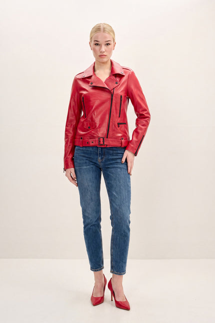 Lambskin Leather Biker Jacket - Red - front view