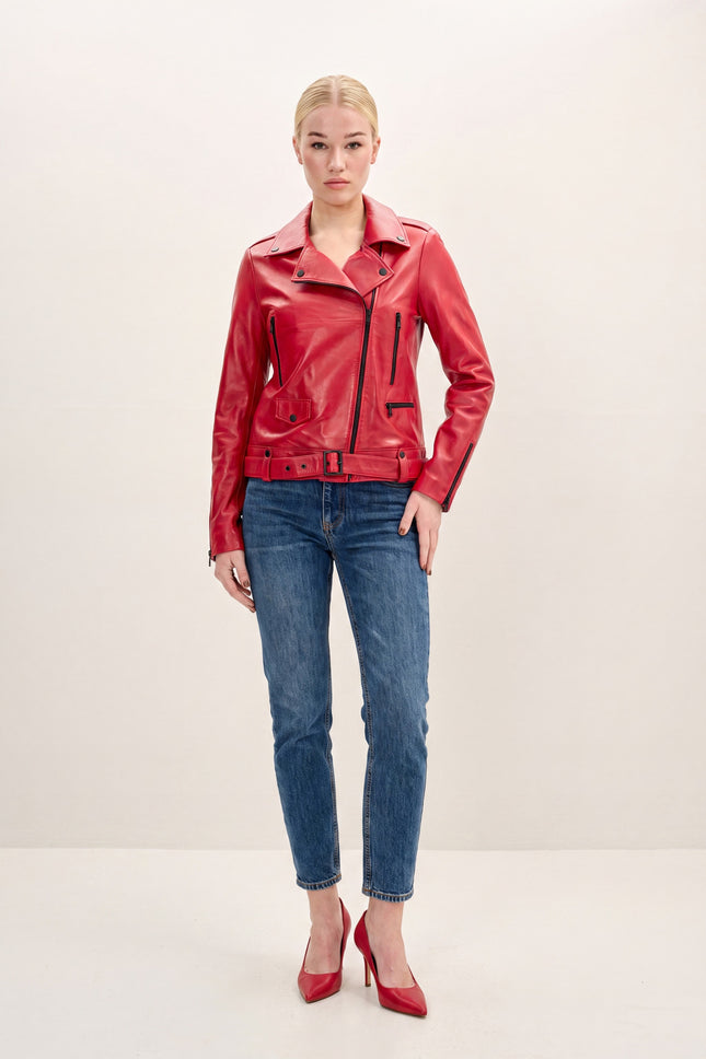 Lambskin Leather Biker Jacket - Red - front view