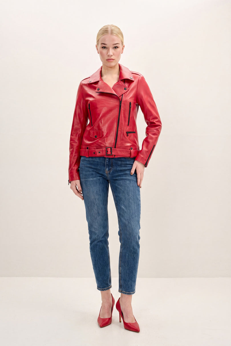 Lambskin Leather Biker Jacket - Red - front view