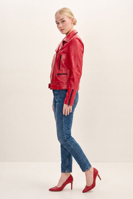 Lambskin Leather Biker Jacket - Red - side view