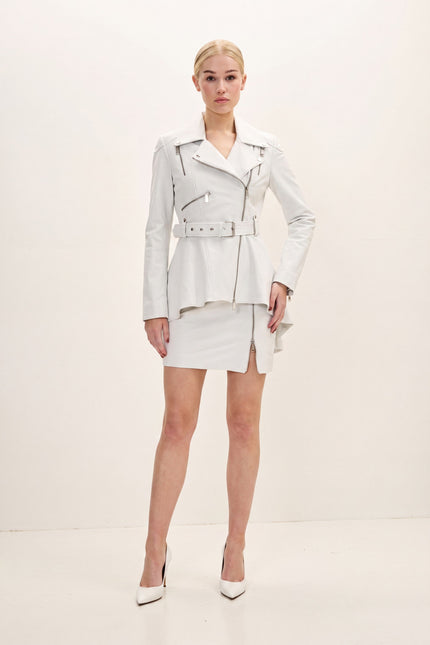 Fitted Lambskin Peplum Jacket - White - front view