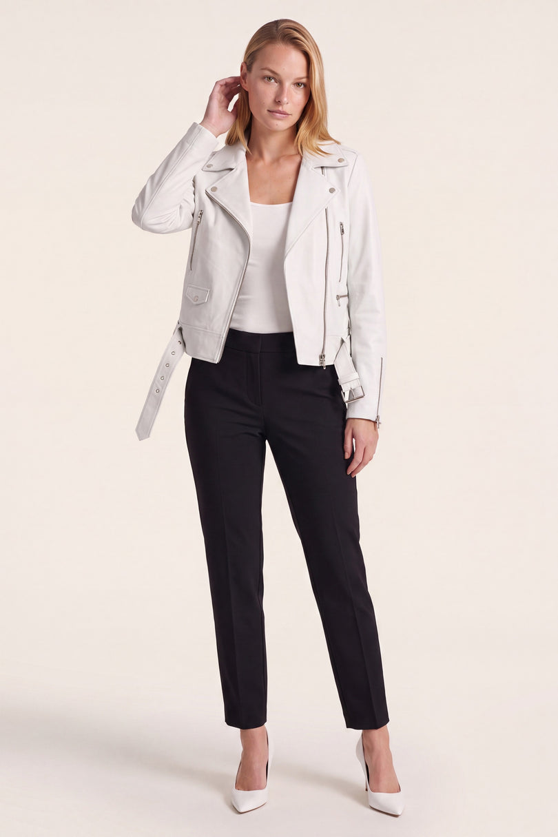 Lambskin Leather Biker Jacket - White - front view