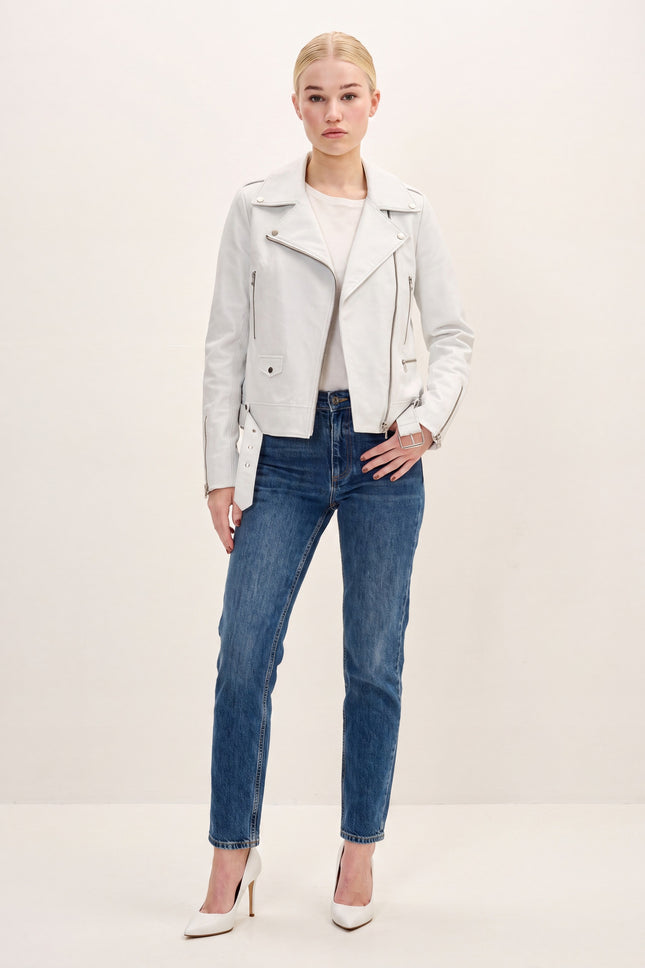 Lambskin Leather Biker Jacket - White - front view
