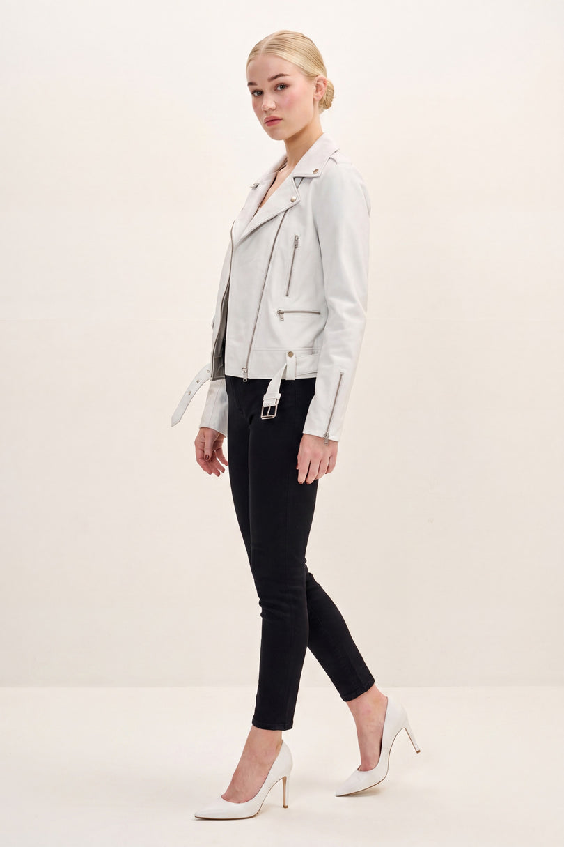 Lambskin Leather Biker Jacket - White - side view