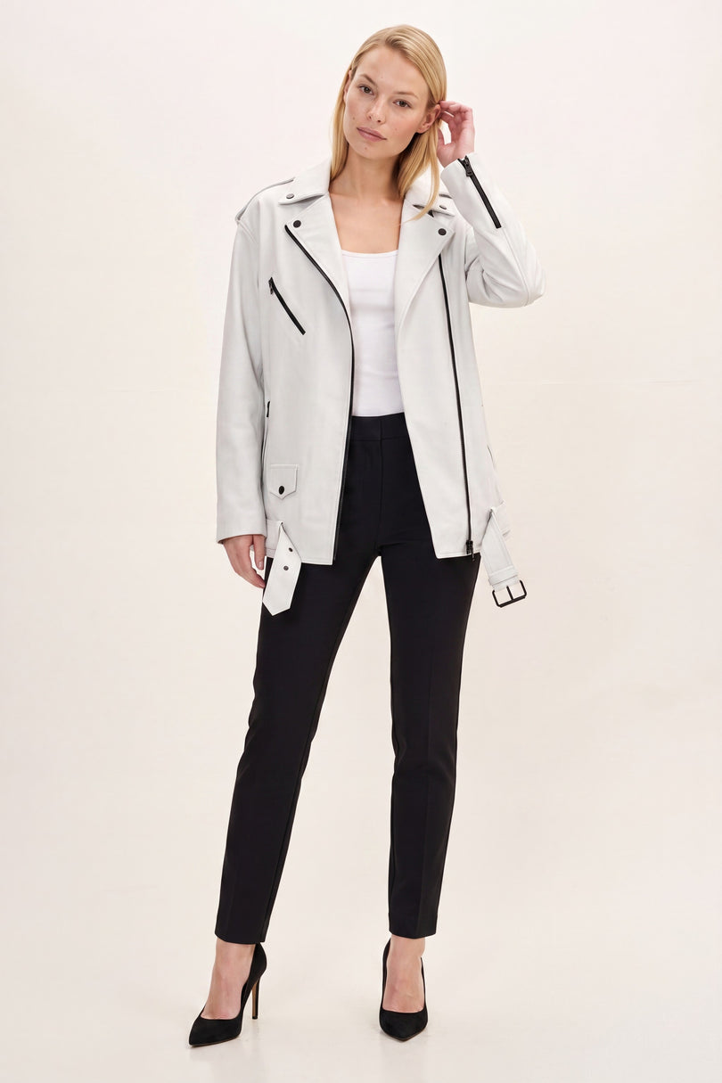 Oversized Lambskin Leather Motorcycle Jacket - White - front view