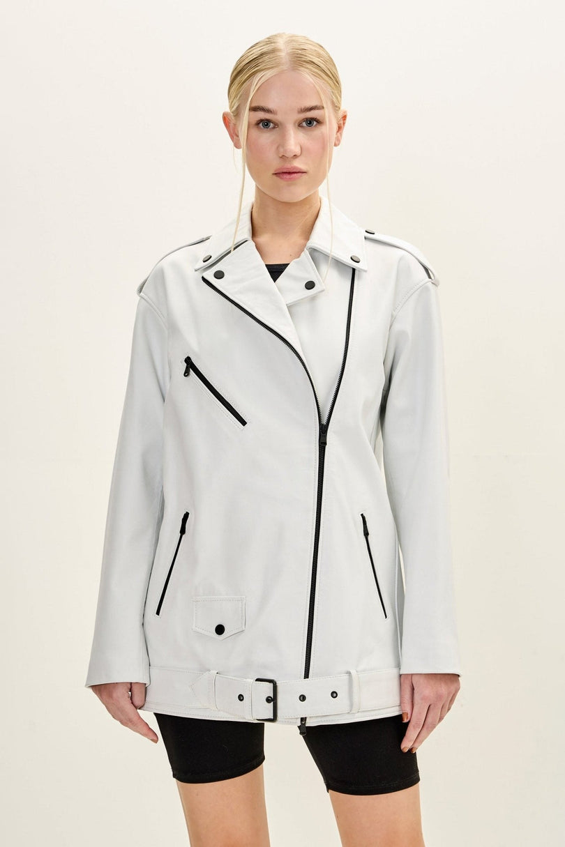 Oversized Lambskin Leather Motorcycle Jacket - White - freestyle view