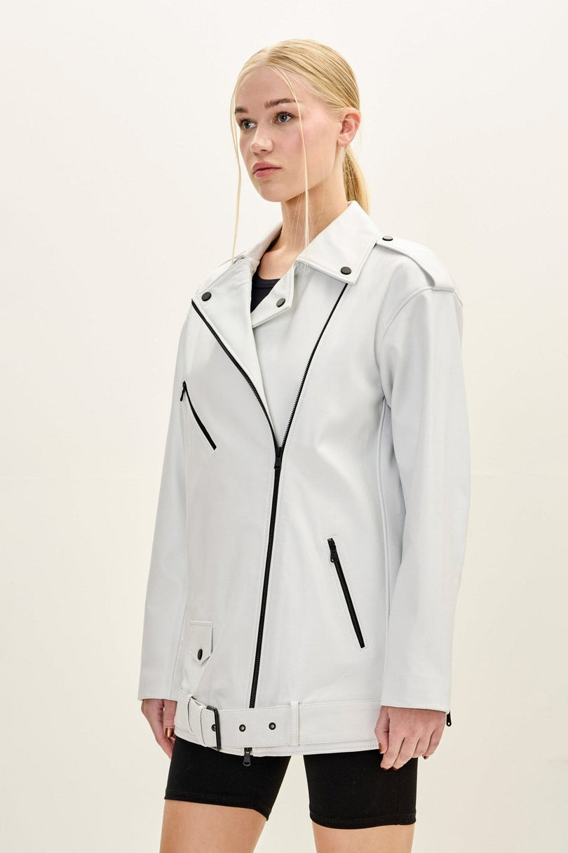 Oversized Lambskin Leather Motorcycle Jacket - White - freestyle view