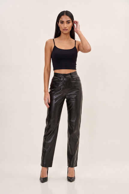 Lambskin Leather 5-Pocket Pants - Black - front view