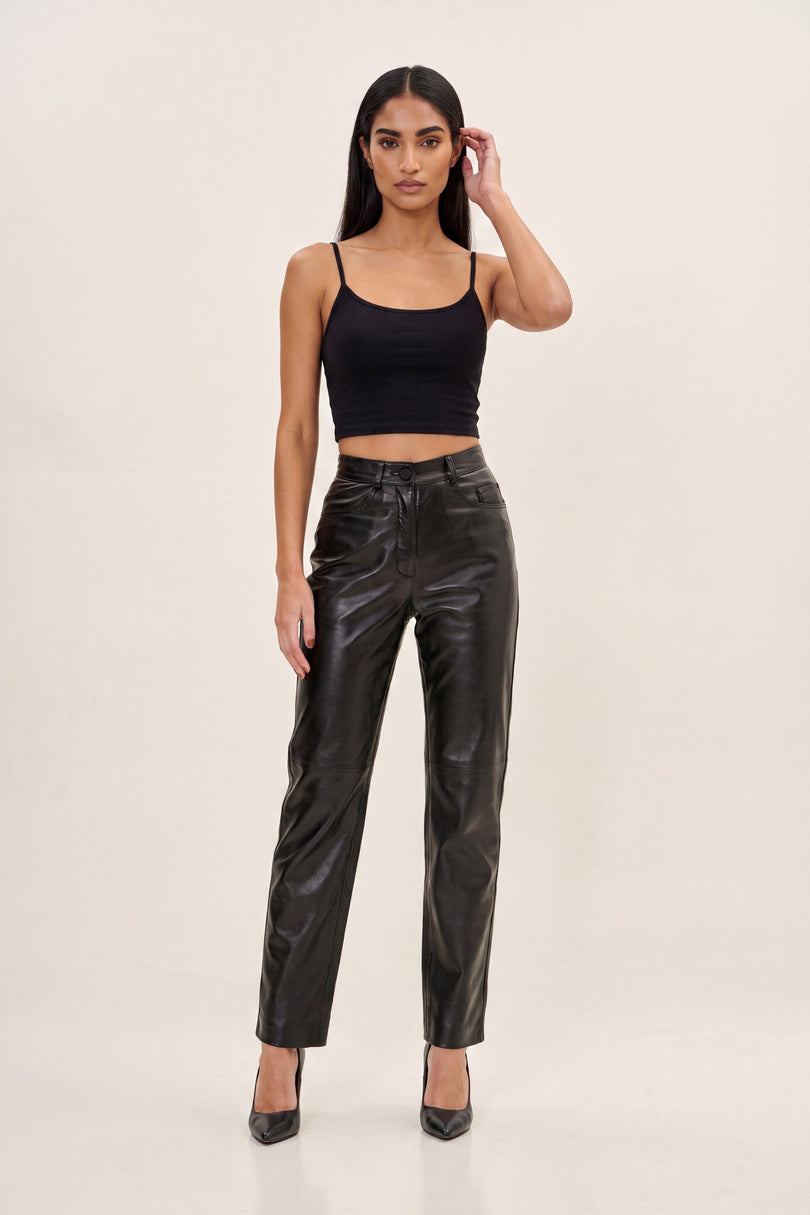 Lambskin Leather 5-Pocket Pants - Black - front view