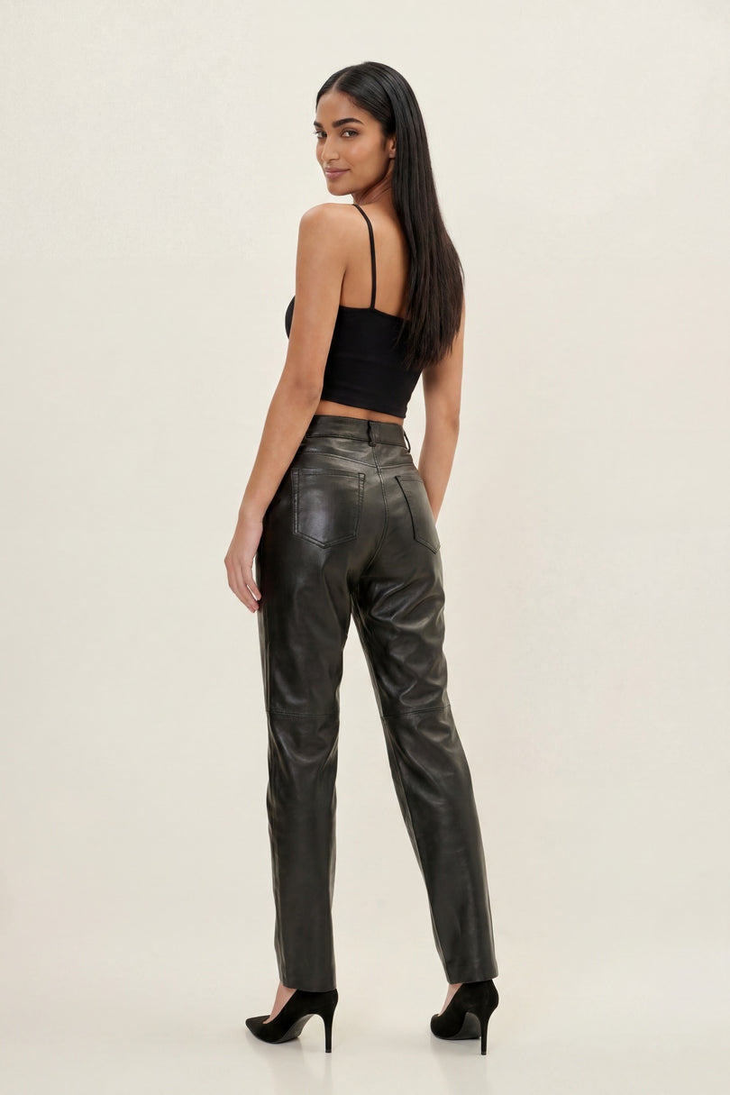 Lambskin Leather 5-Pocket Pants - Black - back view