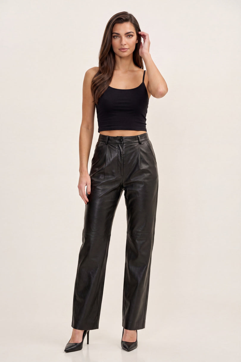 Nappa Lambskin Pleated Pants - Black - front view
