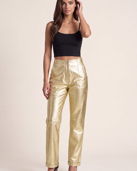 Sleek Lambskin Leather Trousers - Gold - front view