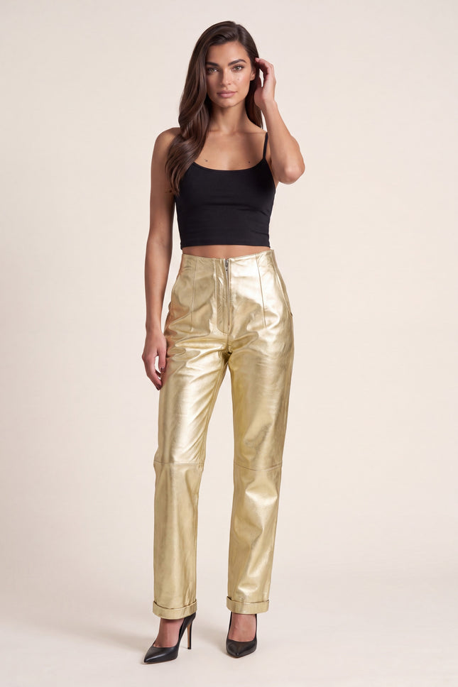 Sleek Lambskin Leather Trousers - Gold - front view