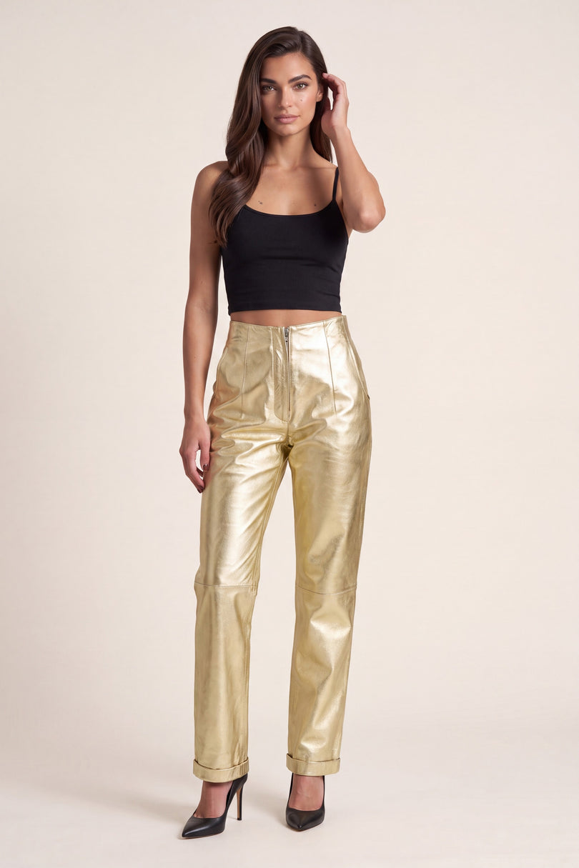 Sleek Lambskin Leather Trousers - Gold - front view