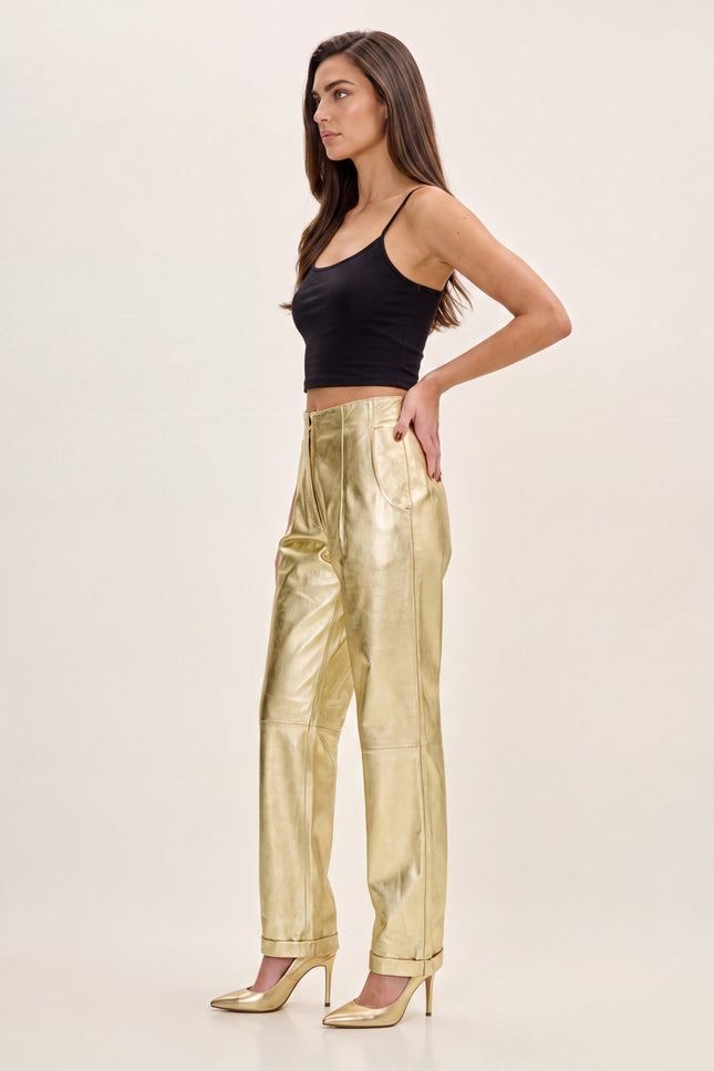 Sleek Lambskin Leather Trousers - Gold - side view