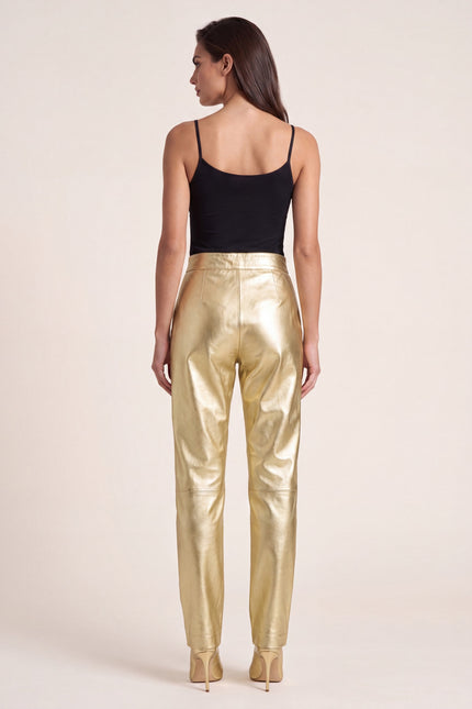 Sleek Lambskin Leather Trousers - Gold - back view