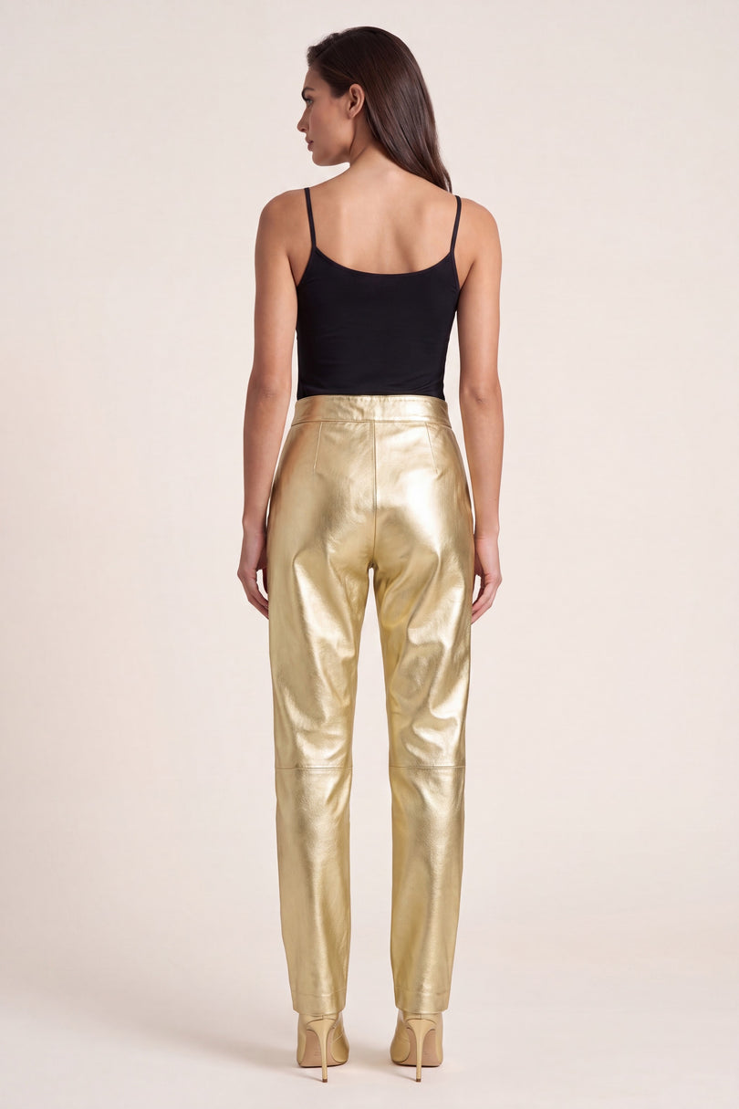 Sleek Lambskin Leather Trousers - Gold - back view
