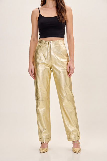 Sleek Lambskin Leather Trousers - Gold - detail view