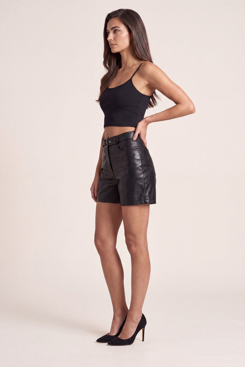 Lambskin Biker Mini Shorts - Black - side view