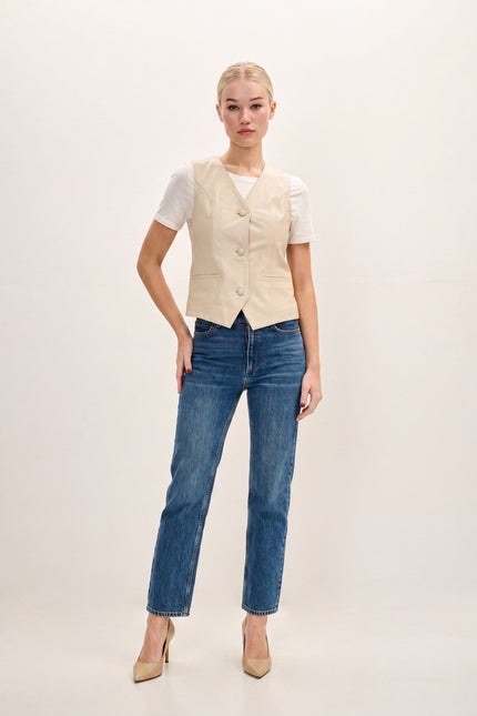 Lambskin Leather Vest - Beige - front view