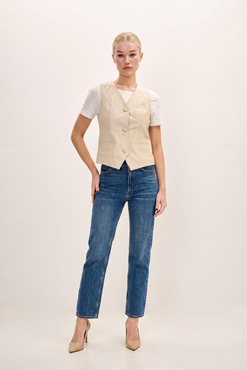 Lambskin Leather Vest - Beige - front view