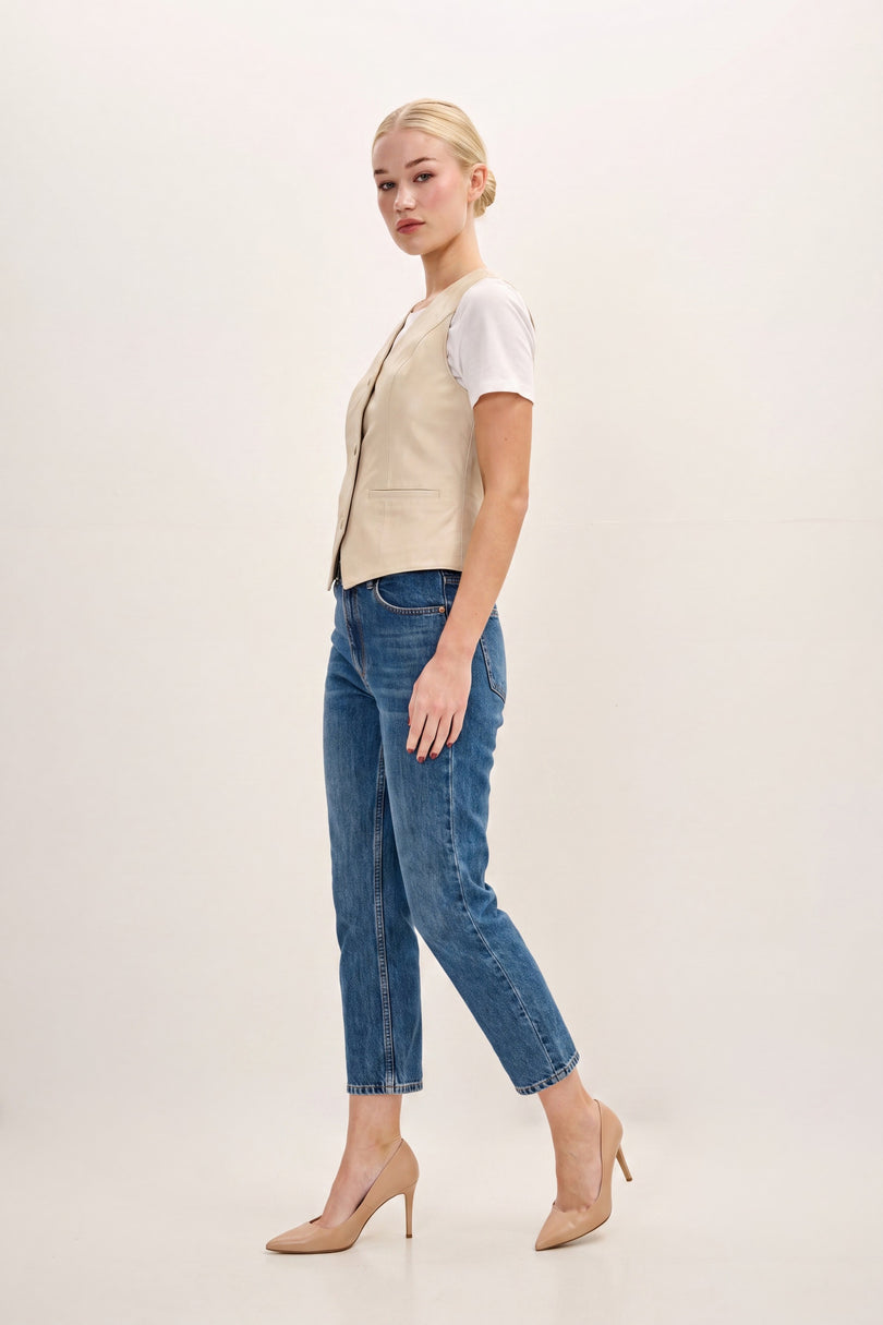 Lambskin Leather Vest - Beige - side view