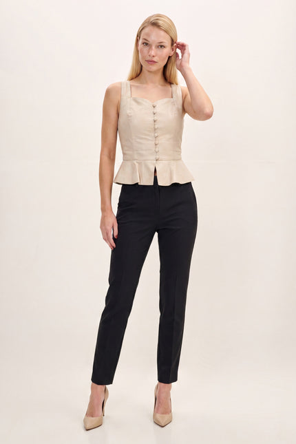 Peplum Lambskin Leather Top - Beige - front view