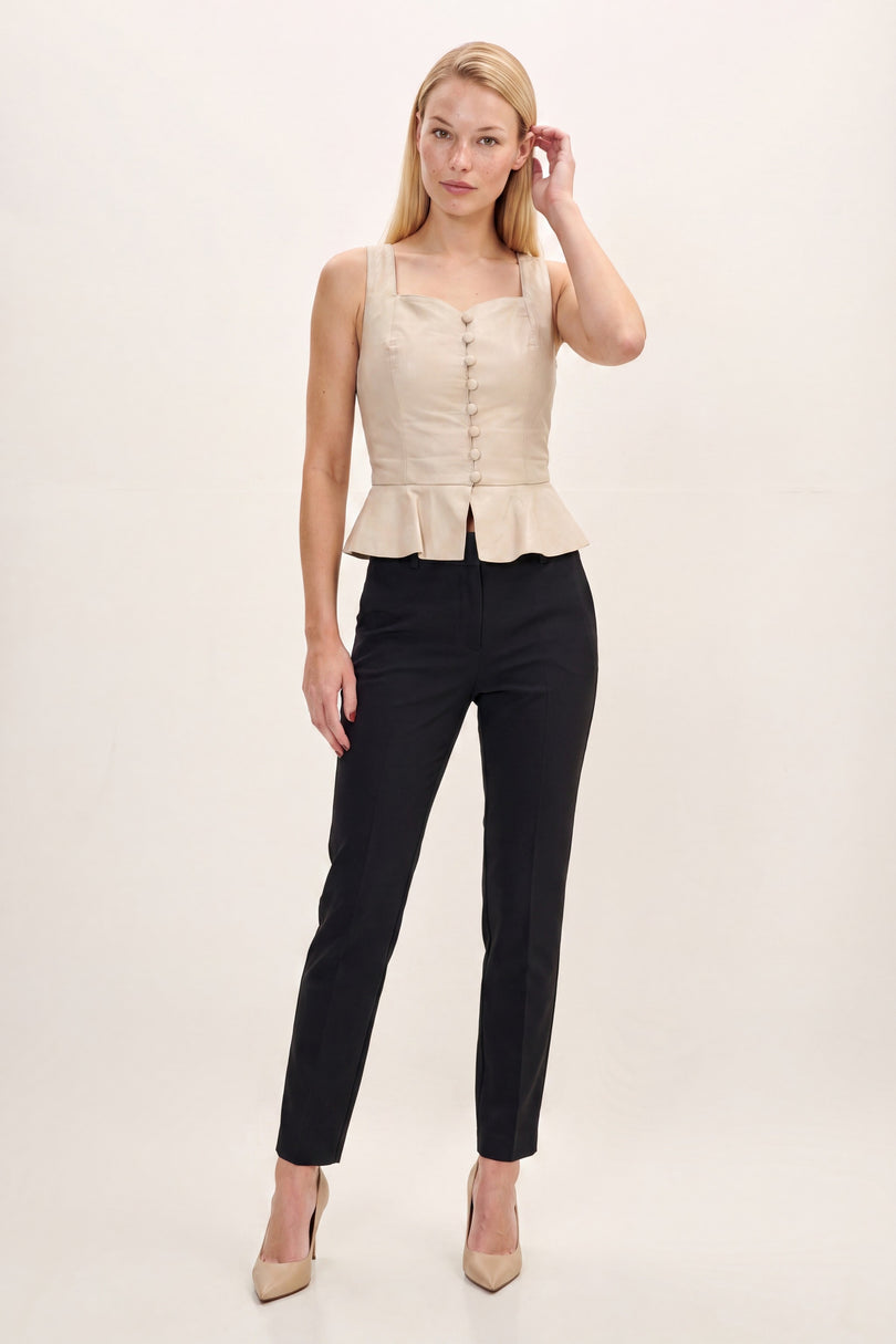 Peplum Lambskin Leather Top - Beige - front view