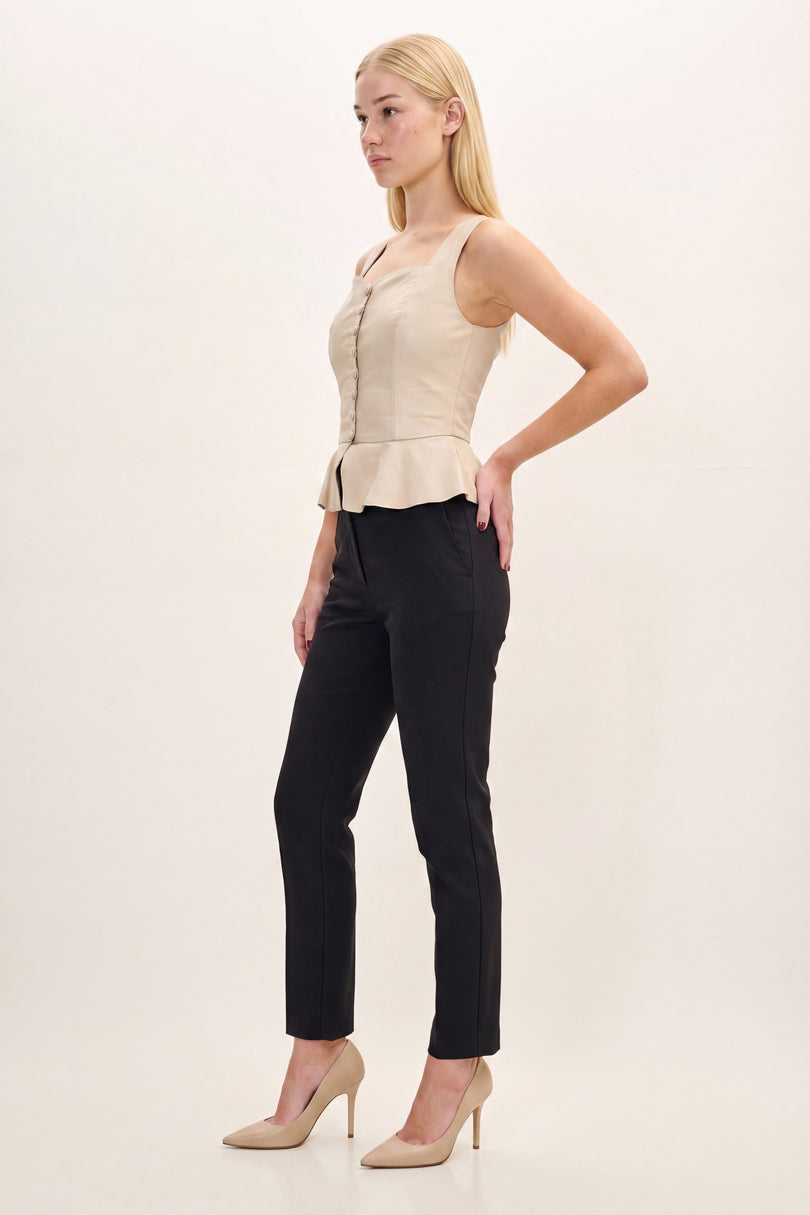 Peplum Lambskin Leather Top - Beige - side view