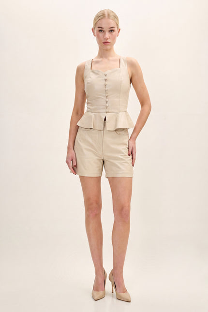 Peplum Lambskin Leather Top - Beige - front view