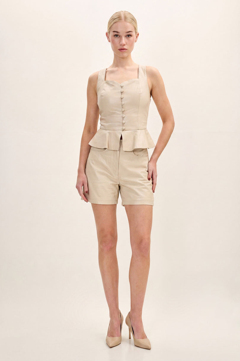 Peplum Lambskin Leather Top - Beige - front view