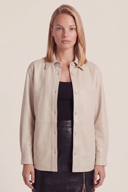 Lambskin Leather Overshirt - Cream - macro view