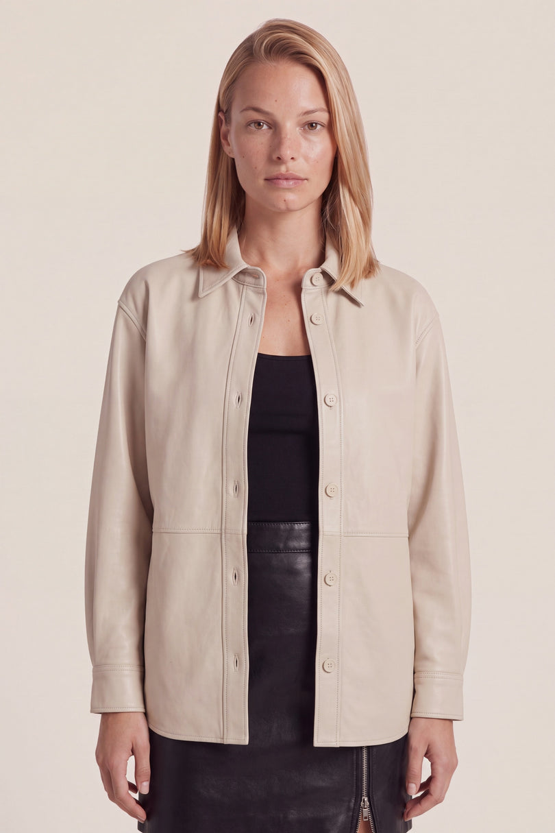 Lambskin Leather Overshirt - Cream - macro view