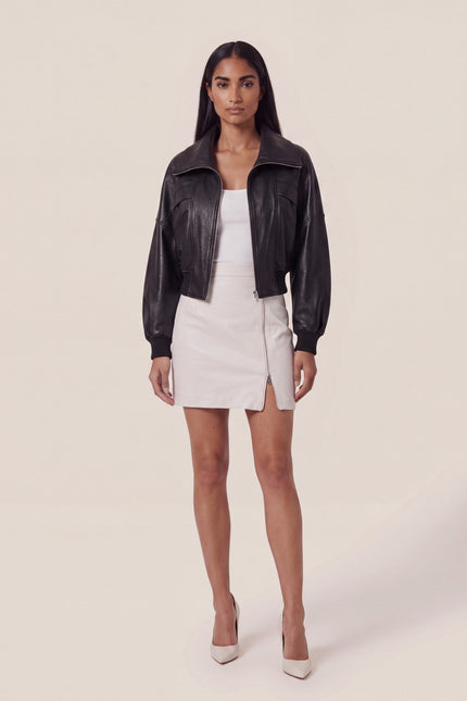 Grained Lambskin Wing-Collar Bomber - Black - front view