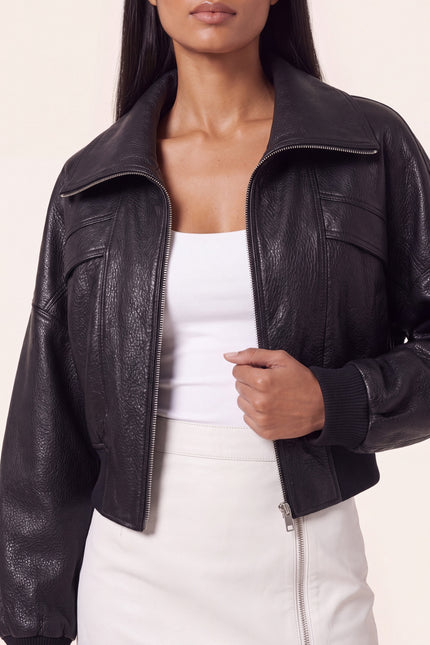 Grained Lambskin Wing-Collar Bomber - Black - detail view
