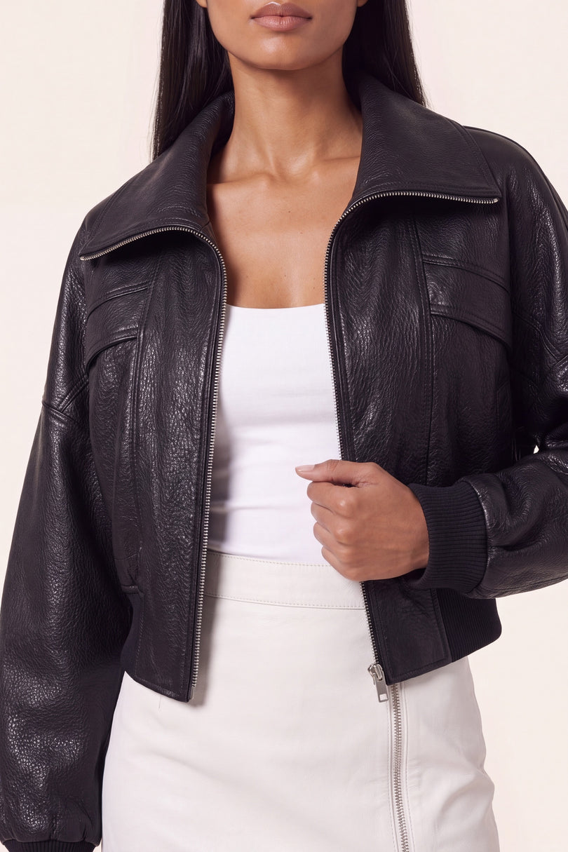 Grained Lambskin Wing-Collar Bomber - Black - detail view