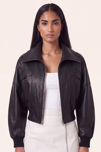 Grained Lambskin Wing-Collar Bomber - Black - macro view