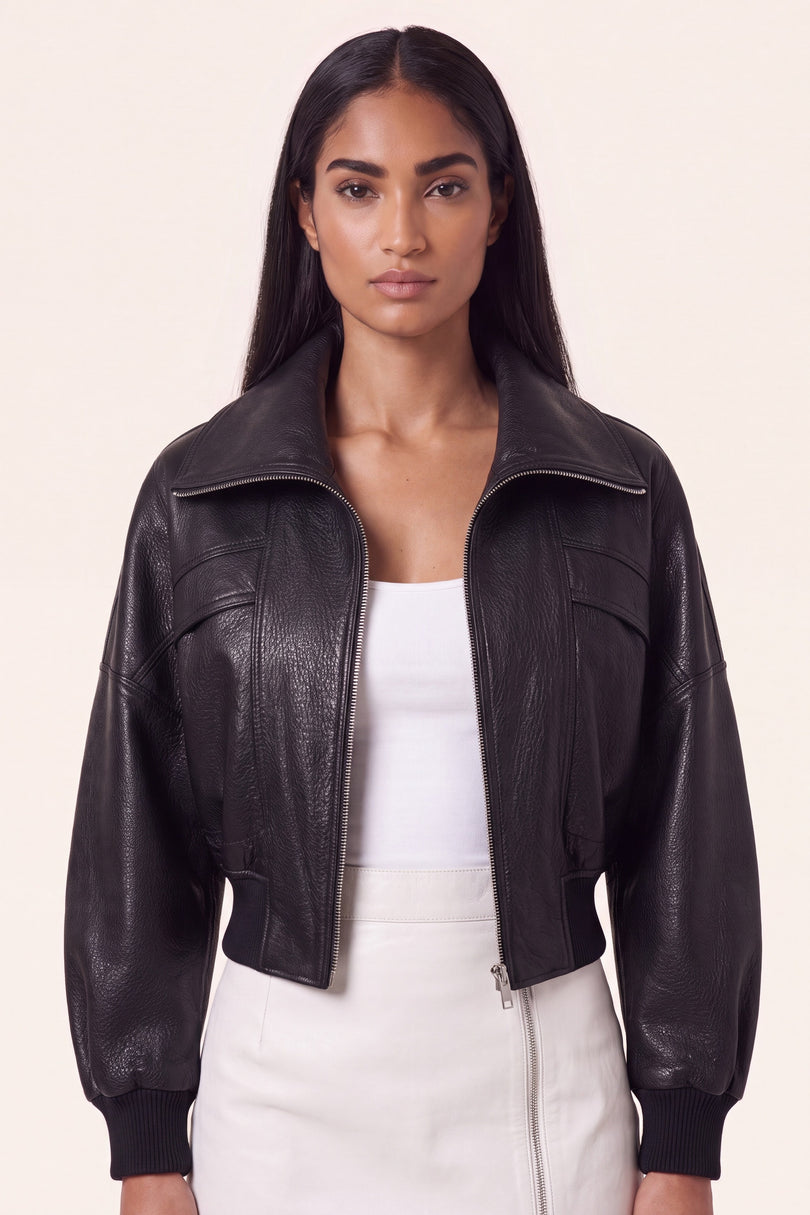 Grained Lambskin Wing-Collar Bomber - Black - macro view