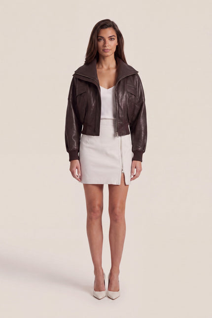 Grained Lambskin Wing-Collar Bomber - Brown - front view