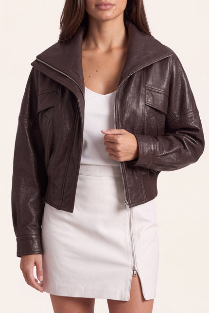 Grained Lambskin Wing-Collar Bomber - Brown - detail view
