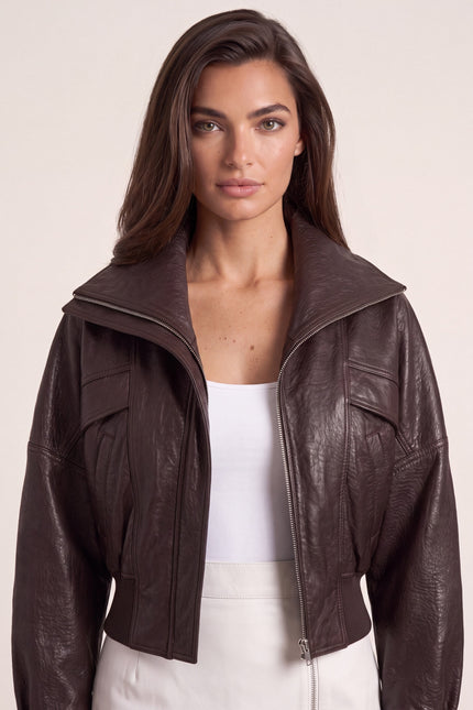 Grained Lambskin Wing-Collar Bomber - Brown - macro view