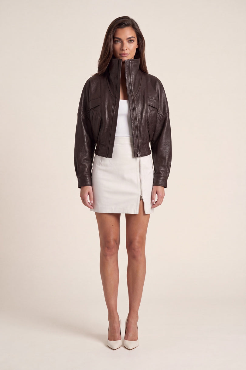 Grained Lambskin Wing-Collar Bomber - Brown - freestyle view