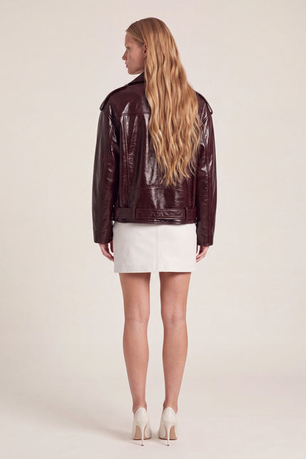 Patent Lambskin Biker Jacket - Oxblood - back view